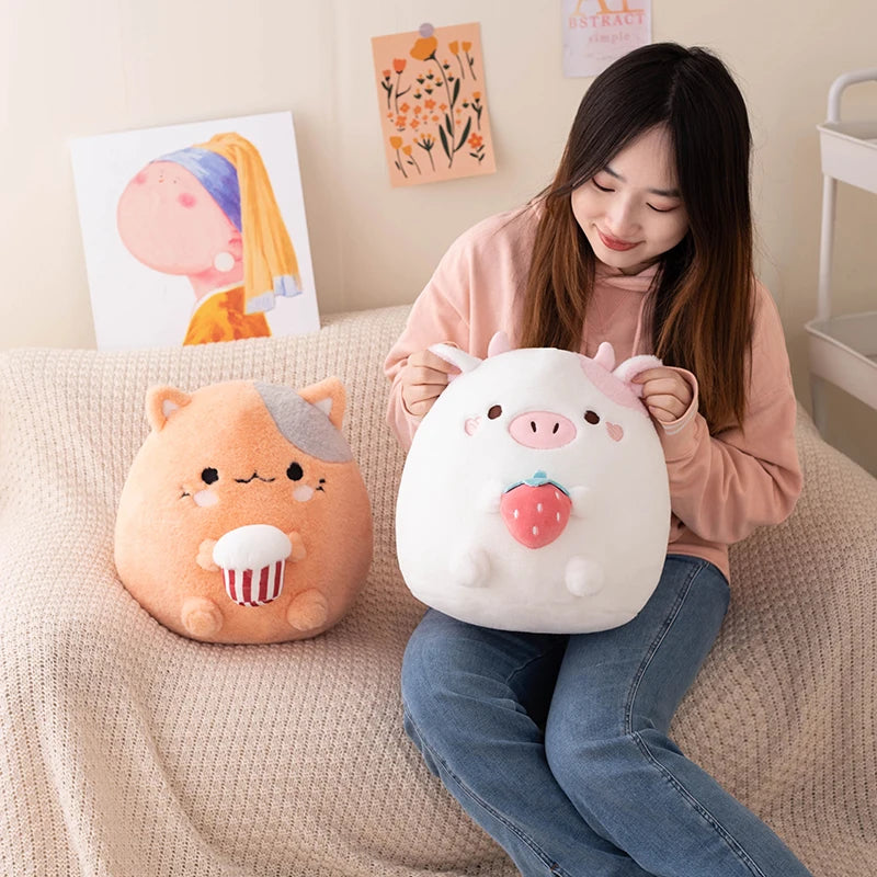 ZU New Arrival Kawaii Stuffed Animal Strawberry Cow Popcorn Cat Plushies Doll Huggable Fat Big Hug Pillow Sofa Bed Decor Cushion