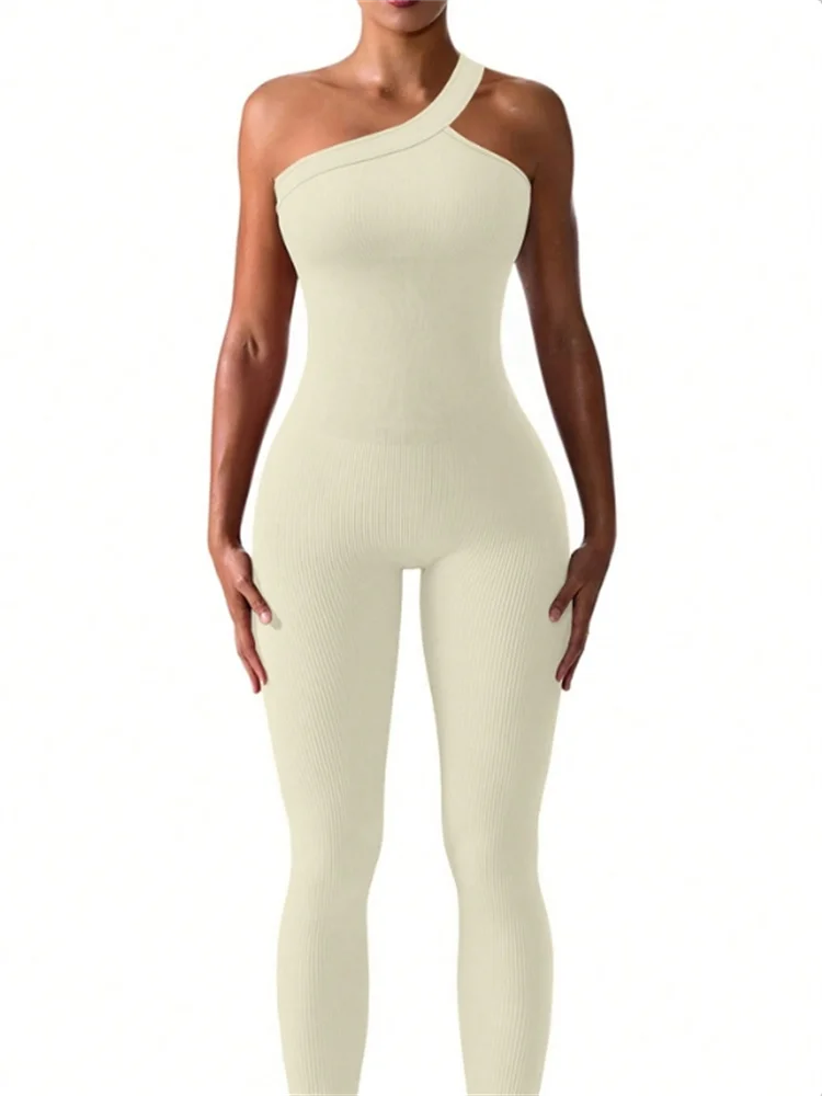 Women Ribbed One Shoulder Yoga Jumpsuit Workout One-Piece Sport - Beige / S