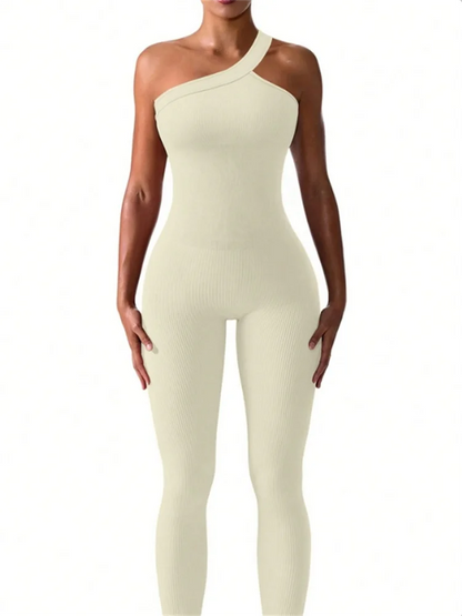 Women Ribbed One Shoulder Yoga Jumpsuit Workout One-Piece Sport - Beige / S