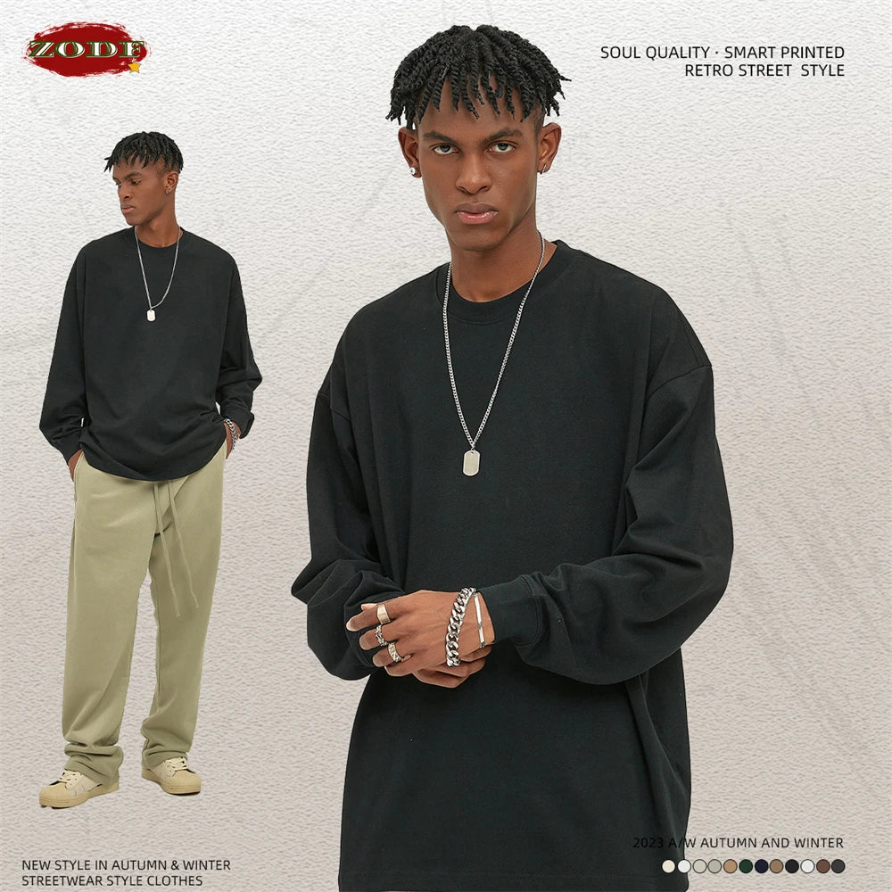 ZODF New 2025 Autumn Men 305gsm 100% Cotton T Shirt Unisex Loose Heavy Weight Basic Long Sleeve Solid T-Shirts Tops HY0634