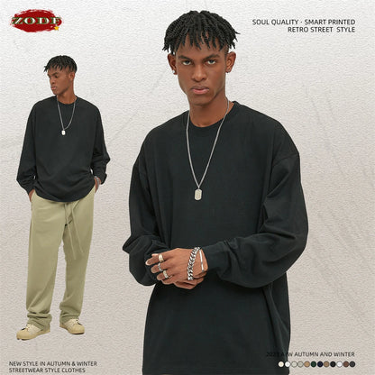 ZODF New 2025 Autumn Men 305gsm 100% Cotton T Shirt Unisex Loose Heavy Weight Basic Long Sleeve Solid T-Shirts Tops HY0634