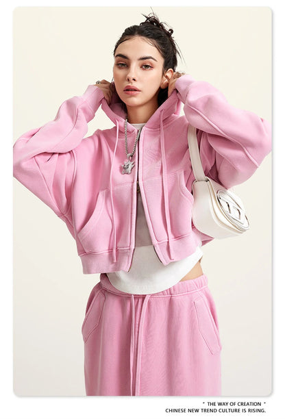 ZODF Retro 2025 Winter Women Short Zipper Hoodies Female Girls Loose 355gsm Thick Fleece Hooded Zip-up Coat Streetwears HY0448