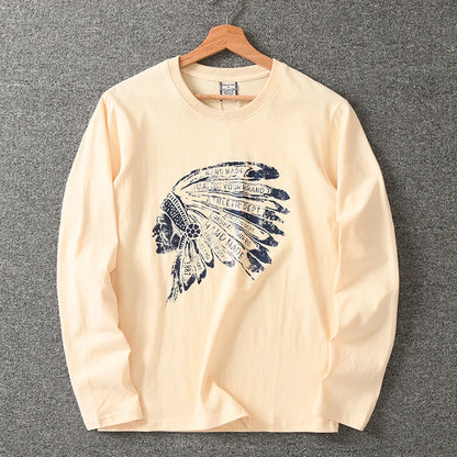 Autumn New American Retro Long Sleeve O-neck Indian Printed T-shirt Men's Fashion 100% Cotton Washed Casual Bottoming Tops