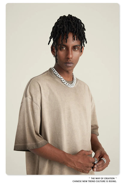 ZODF 2023 Men's Summer 255G Wash Gradient Fried Cotton T Shirt Round Neck Short Sleeve American Retro Loose T-Shirt HY0547