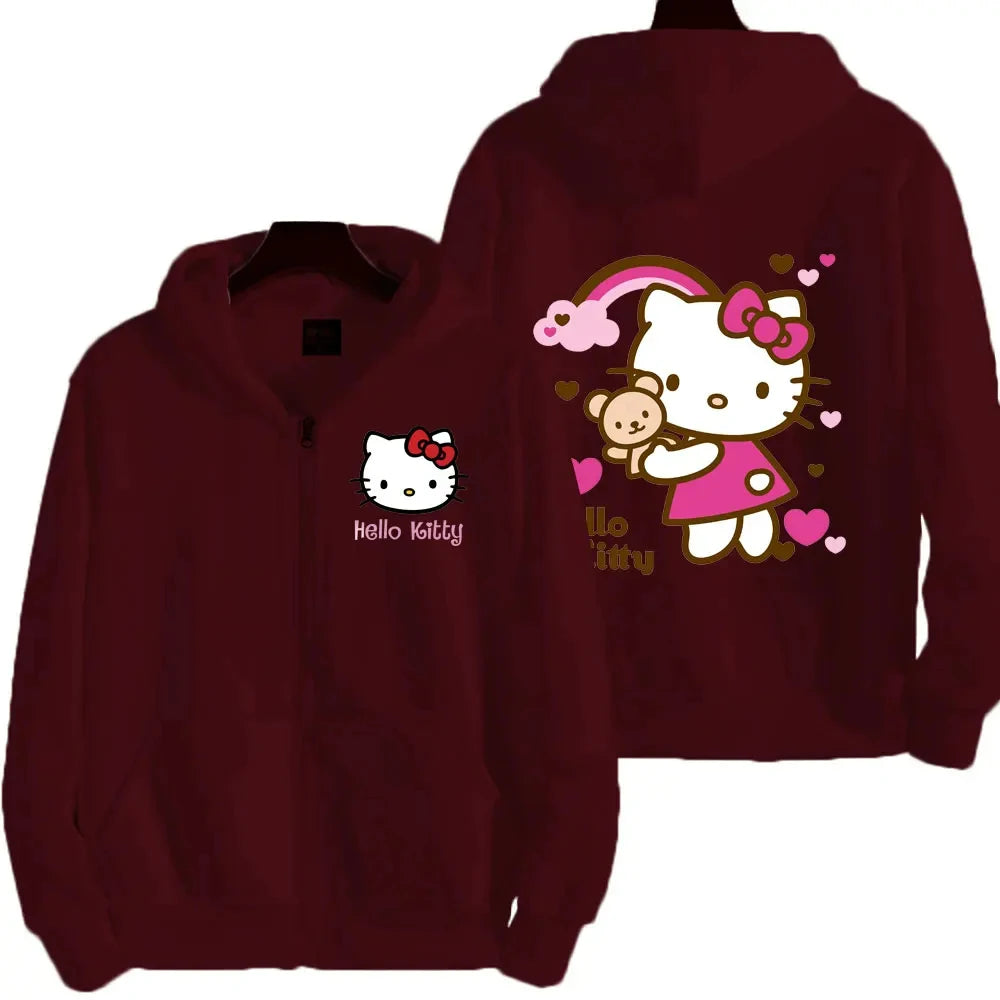Women's Zipper Hoodie Autumn and Winter New Cute Kawaii Sanrio Hello Kitty Pattern Sweatshirt 2024 Streetwear Women's Clothing