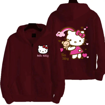 Women's Zipper Hoodie Autumn and Winter New Cute Kawaii Sanrio Hello Kitty Pattern Sweatshirt 2024 Streetwear Women's Clothing