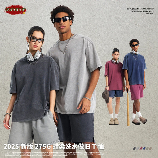 ZODF Vintage 2025 Men Batik Washed 100% Cotton T-Shirts Unisex Oversized Summer Distressed 275gsm T Shirt Brand Clothes HY1040