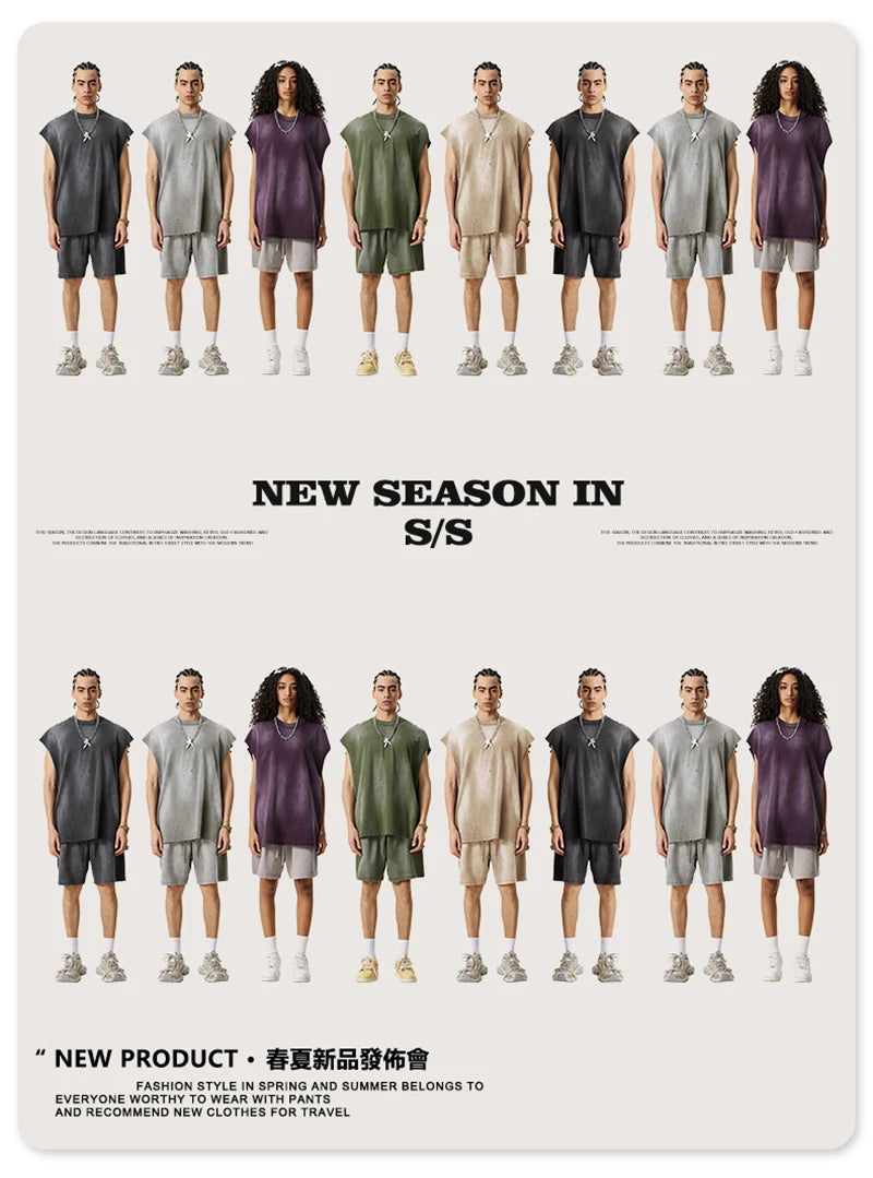 ZODF 2025 Summer 285gsm Washed Tank Tops For Men Unisex American Retro Cut Distressed Oversized Sleeveless TEE Vest HY1006