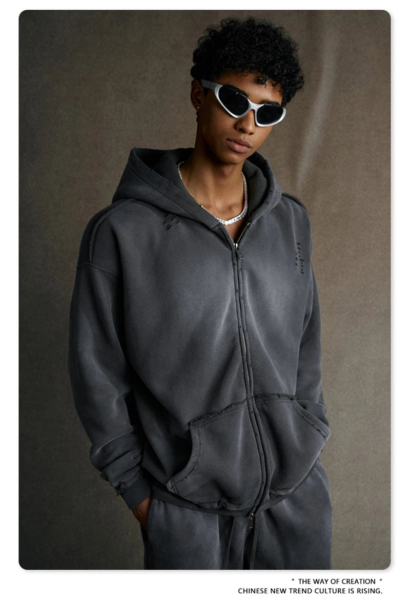 ZODF Retro Winter Men 400gsm Monkey Washed Zipper Hoodie Unisex High Street Loose Edge Ripped Distressed Hooded Pullovers HY1117