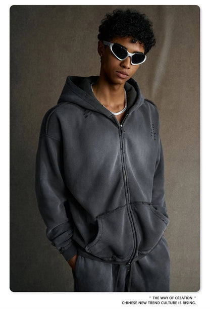 ZODF Retro Winter Men 400gsm Monkey Washed Zipper Hoodie Unisex High Street Loose Edge Ripped Distressed Hooded Pullovers HY1117