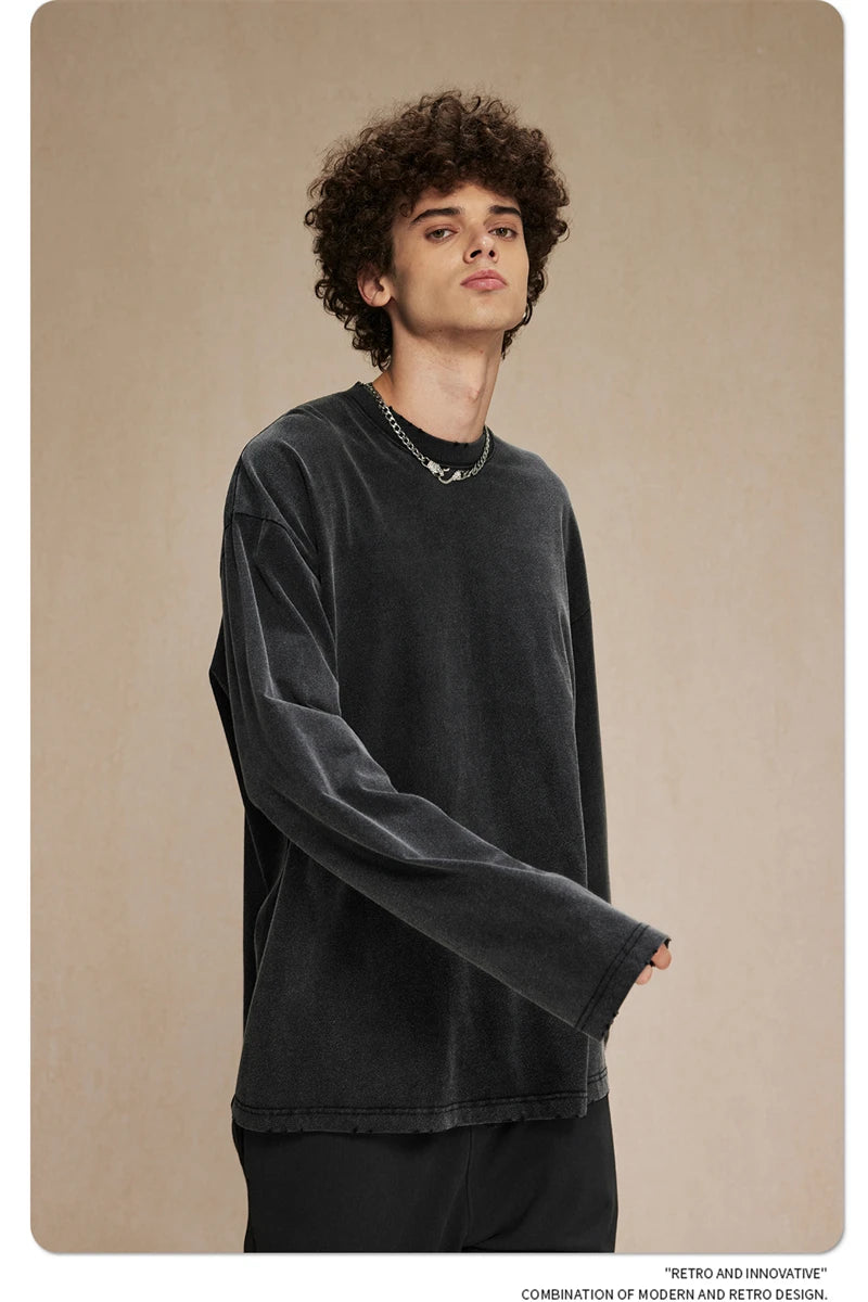 ZODF New 2024 Autumn Washed 100% Cotton T-Shirt For Men Unisex Loose Distressed 275gsm O Neck T Shirts Brand Tops HY0924