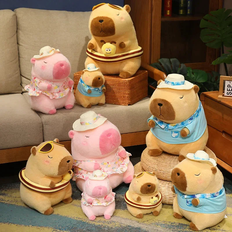 Pink Capybara Plush Toy Stuffed Seaside Beach Dress Blue Shirt Swim Ring Bee Decor Capibara Plushie Boy Hawaii Vacation Style