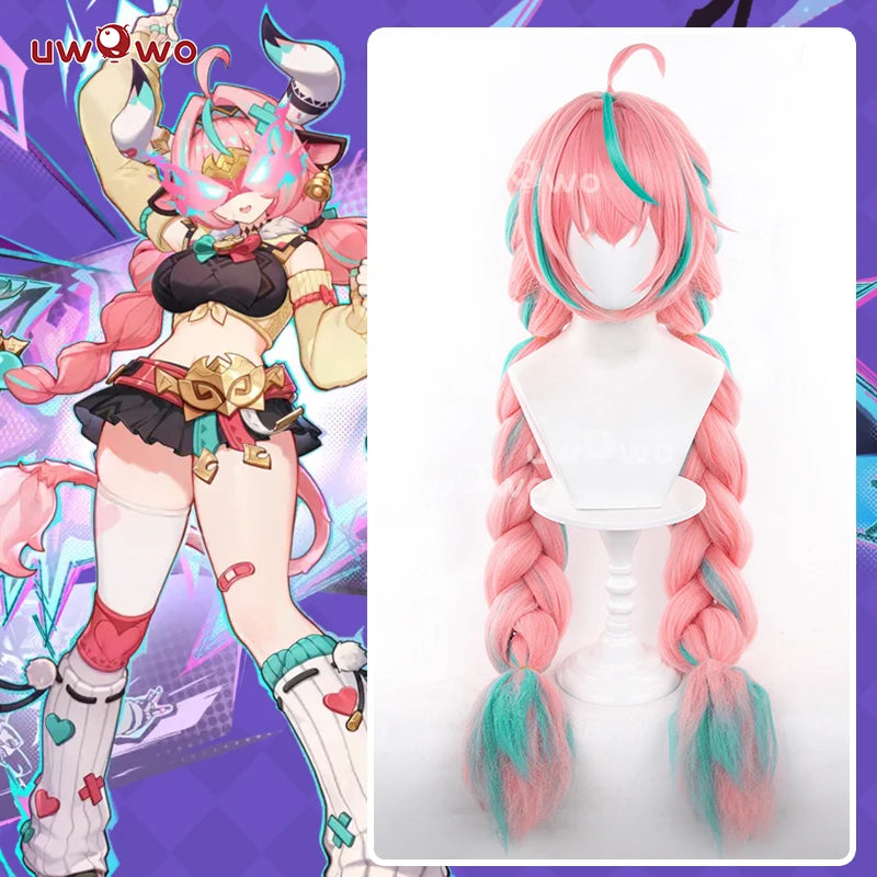 UWOWO Varesa Wig Game Genshin Impact Varesa Cosplay Wig With Ponytail Long Pink and Green Hair