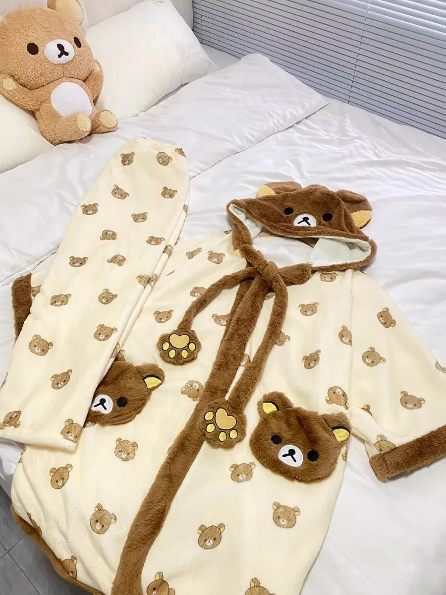 Rilakkuma Women'S Fleece-Lined Thickened Robe Coral Fleece Flannel Hooded Home Clothes Warm Nightgowns Casual Wear For Going Out