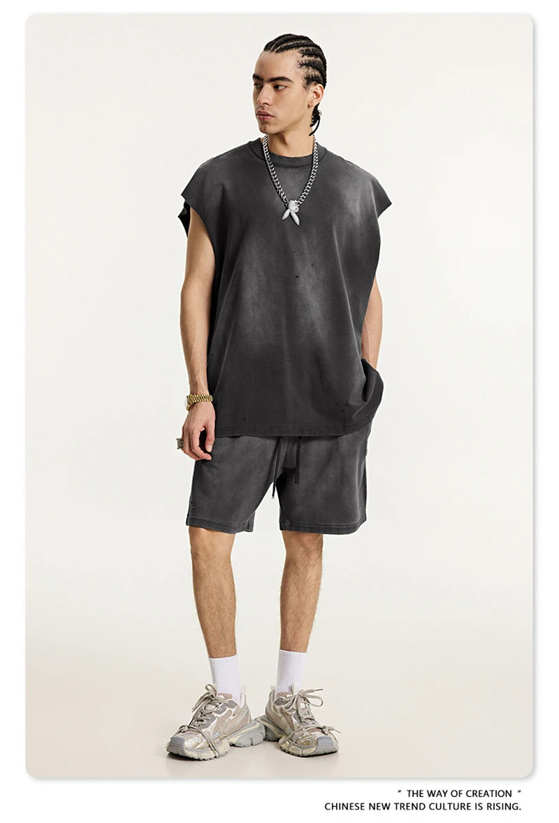 ZODF 2025 Summer 285gsm Washed Tank Tops For Men Unisex American Retro Cut Distressed Oversized Sleeveless TEE Vest HY1006