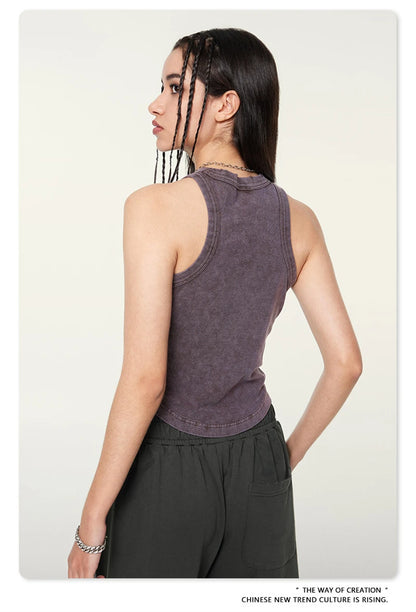 ZODF Women 2024 Summer Washed Tank Tops Female Hotsweet Girls 235gsm Slim Pleated Arc Hem Camisole TEE Streetwears HY0795