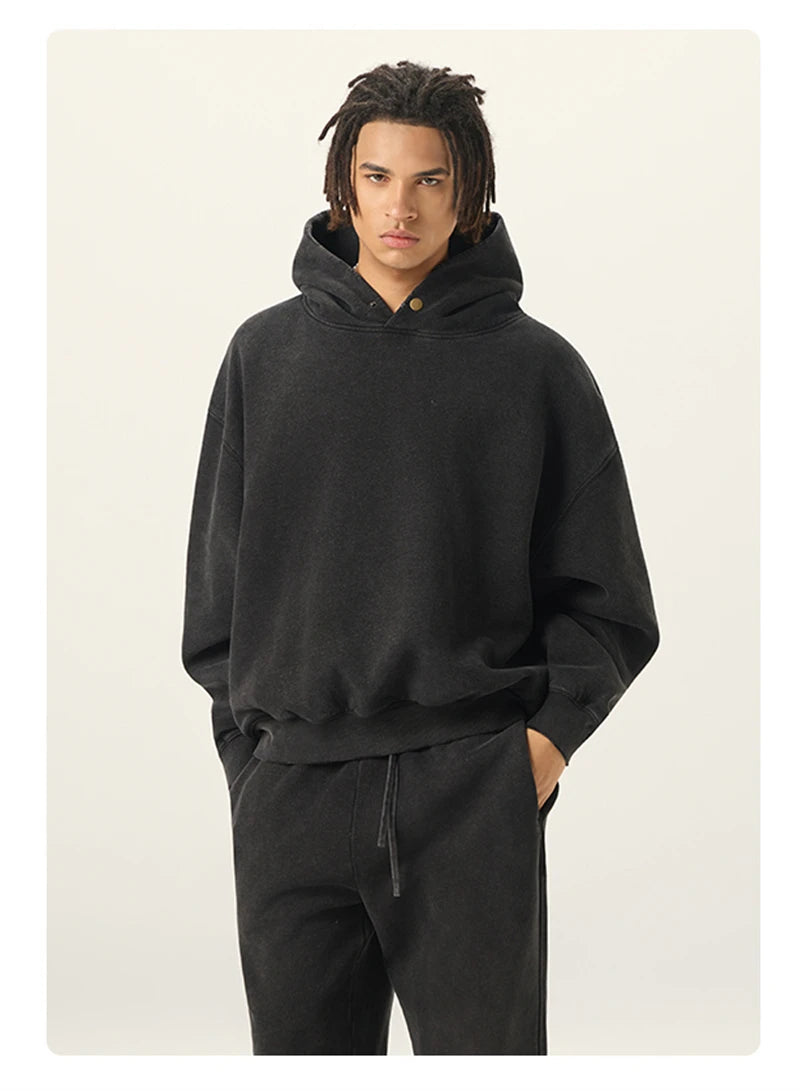 ZODF Vintage 350gsm Man Washed Boxy Fleece Hoodie Unisex Loose Ripped Warm Button Winter Hooded Pullovers Brand Clothing HY0053