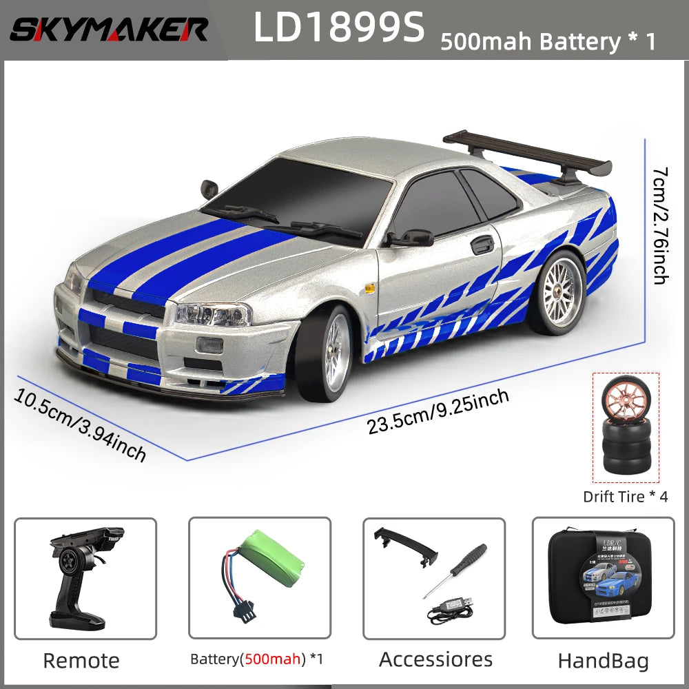Skymaker LDRC 1/18 RC Drift Car LD1899 GTR Mode R34 2.4GHz RWD with Gyroscope on-Road Alloy Body Shell Racing Car for Boys Gifts