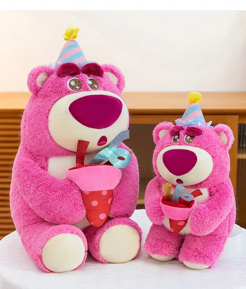 Disney Plush Strawberry Bear Doll with Birthday Hat Cute Stuffed Animal for Kids Birthday Xmas Gift Perfect Toy for Children And