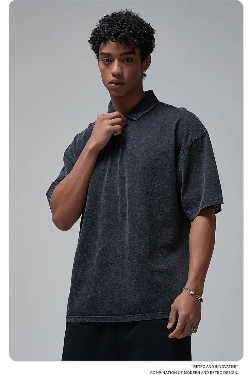 ZODF Summer Men Batik Washed 275gsm Cotton T Shirt Unisex Retro Turn Down Collar Short Sleeve T-shirts Tees HY0533