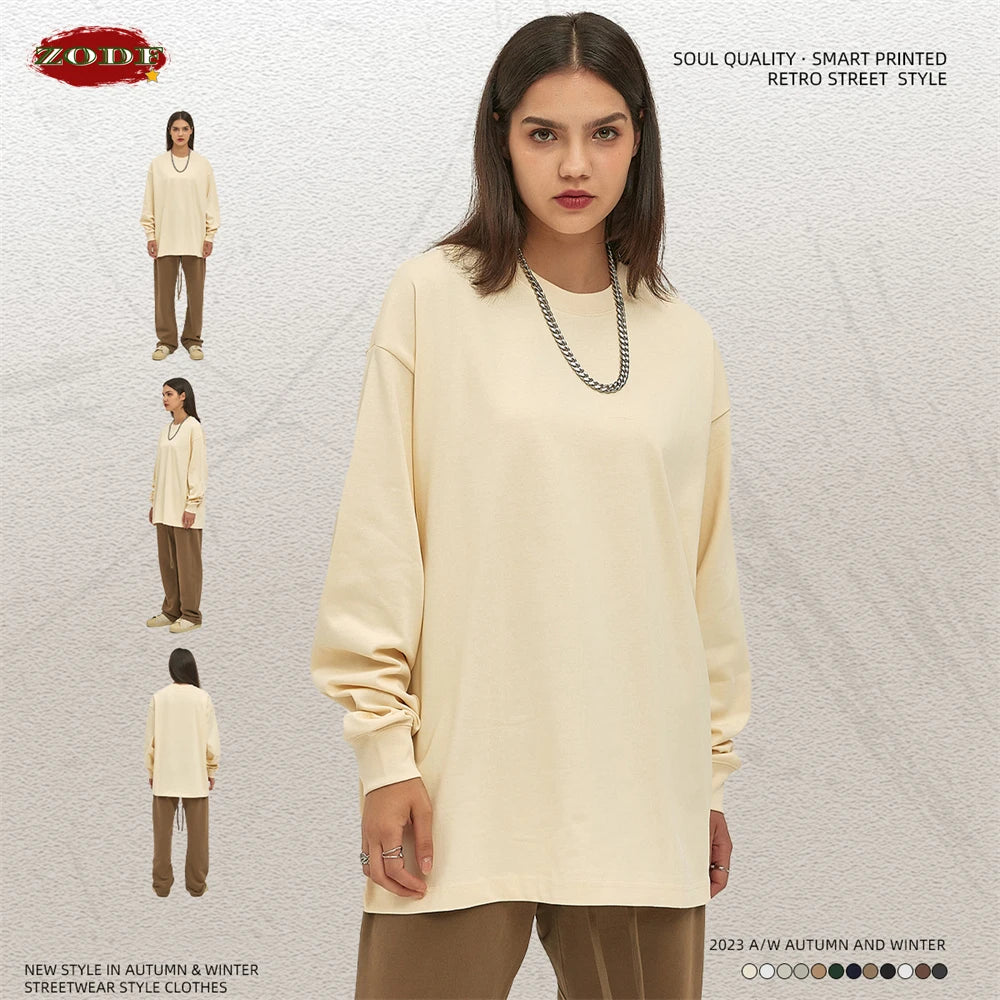 ZODF New 2025 Autumn Men 305gsm 100% Cotton T Shirt Unisex Loose Heavy Weight Basic Long Sleeve Solid T-Shirts Tops HY0634