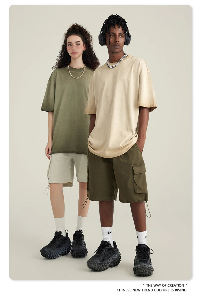 ZODF 2023 Men's Summer 255G Wash Gradient Fried Cotton T Shirt Round Neck Short Sleeve American Retro Loose T-Shirt HY0547