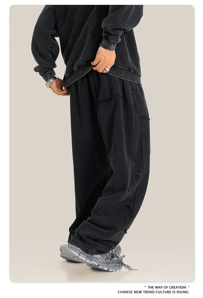 ZODF Fashion 2024 Winter Patches Fleece Straight Pants Retro Unisex Loose Washed 305gsm Warm Soft Trousers Brand Bottoms HY0872