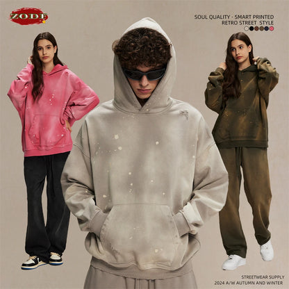 ZODF Autumn Winter Spray Dyeing Ink Splashing Hoodies For Men Unisex 450gsm Washed Oversized Knitted Hooded Pullovers HY0908