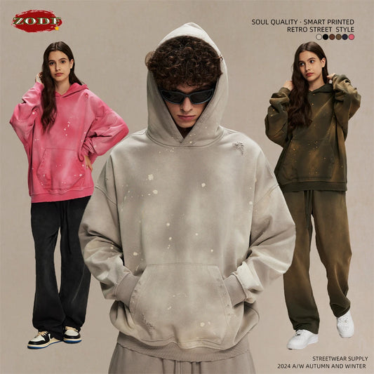 ZODF Autumn Winter Spray Dyeing Ink Splashing Hoodies For Men Unisex 450gsm Washed Oversized Knitted Hooded Pullovers HY0908
