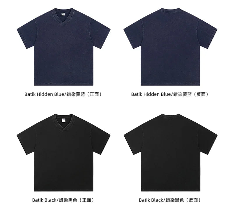 ZODF 2025 Men Summer 250gsm Batik Washed Cotton T-Shirts Retro Unisex Oversized V Neck Distressed T Shirt Brand Tees HY1067