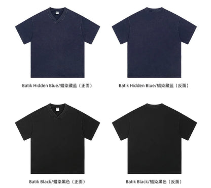 ZODF 2025 Men Summer 250gsm Batik Washed Cotton T-Shirts Retro Unisex Oversized V Neck Distressed T Shirt Brand Tees HY1067
