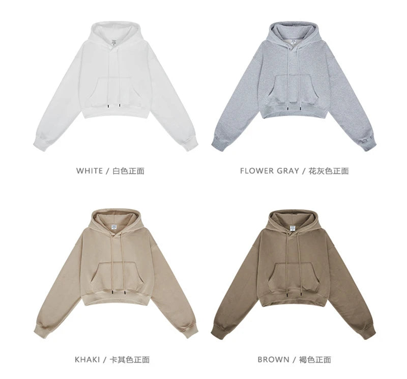 ZODF Chic Sexy Women Super-short Fleece Cropped Hoodies Girl Female Hip Hop Loose 345gsm Solid Hooded Pullover Streetwear HY0340