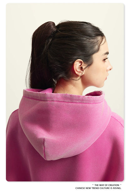 ZODF Winter Autum Men's Washed 400gsm Fleece Hoodies Unisex Couple Retro Oversized Ripped Hooded Sweatshirts Pullovers HY0652