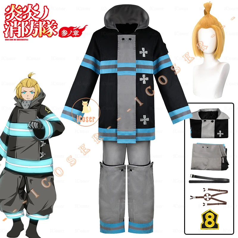 Arthur Boyle Cosplay Costume Wig Black Blue Uniform Anime Fire Force Protective Outer Jacket Halloween Party Women Men Carnival
