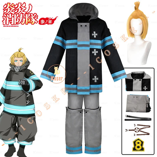 Arthur Boyle Cosplay Costume Wig Black Blue Uniform Anime Fire Force Protective Outer Jacket Halloween Party Women Men Carnival