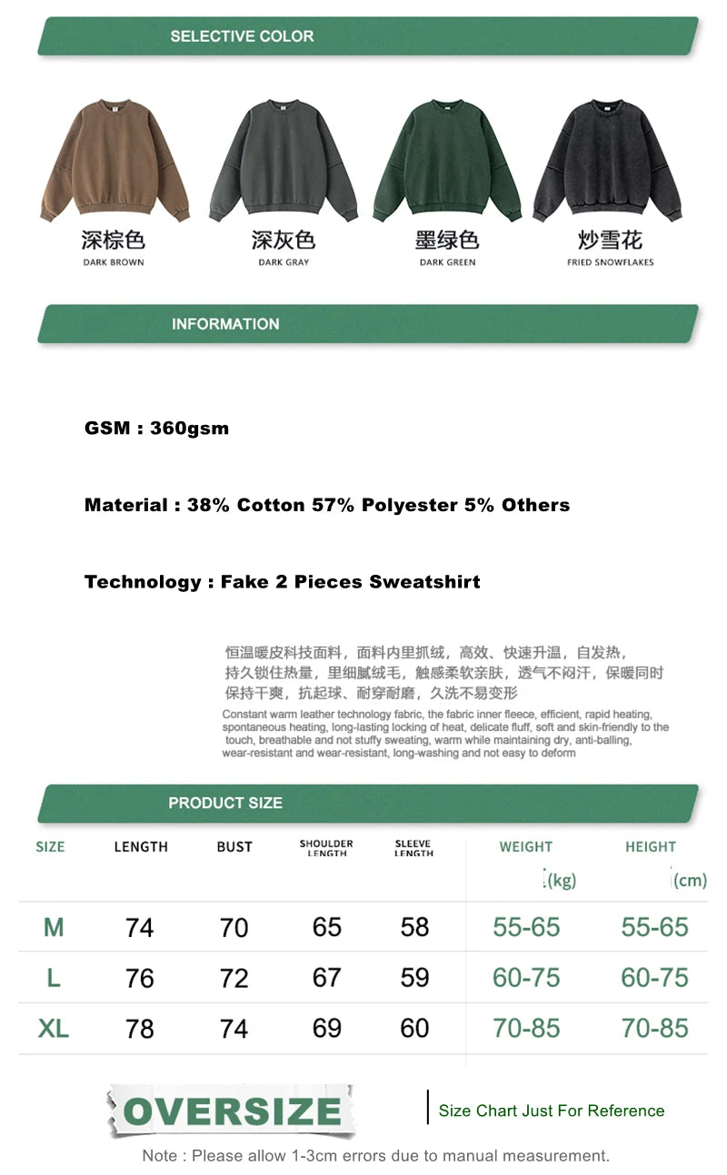 ZODF Trendy 2025 Winter Man 360gsm Washed Fleece Hoodies Unisex Patchwork Loose Fake 2 Pieces Knitted O Neck Sweatshirts HY1089