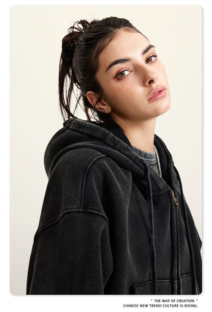 ZODF Retro 2025 Winter Women Short Zipper Hoodies Female Girls Loose 355gsm Thick Fleece Hooded Zip-up Coat Streetwears HY0448