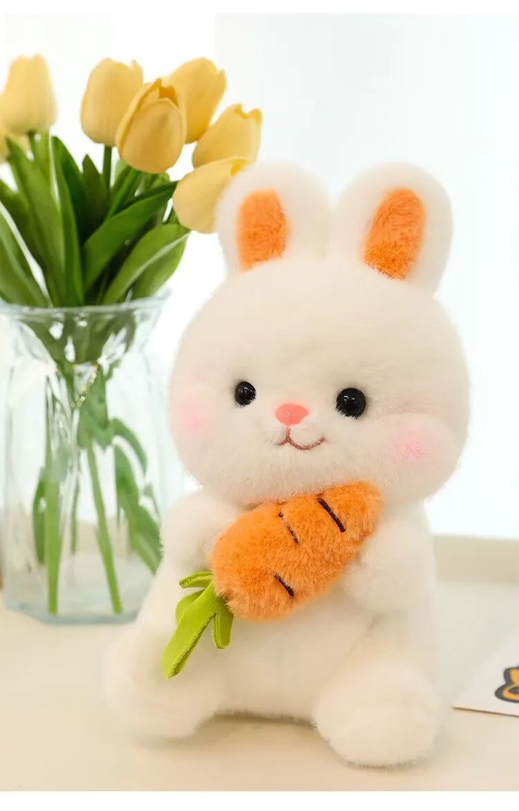 25-50cm Adorable Fuzzy Bunny Hold Carrot Plush Toy Stuffed White Rabbit with Foods on Hand Kids Hug Cuddly Plushie for Children