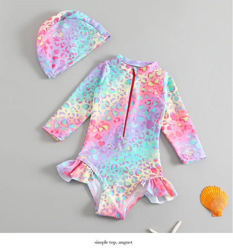 Toddler Girls Swimsuit with Sun Hat Set 1 to 2 3 4 5 6 Years Leopard Ruffle Sleeve Zip Up One-pieced Swimwear Beachwear for Baby