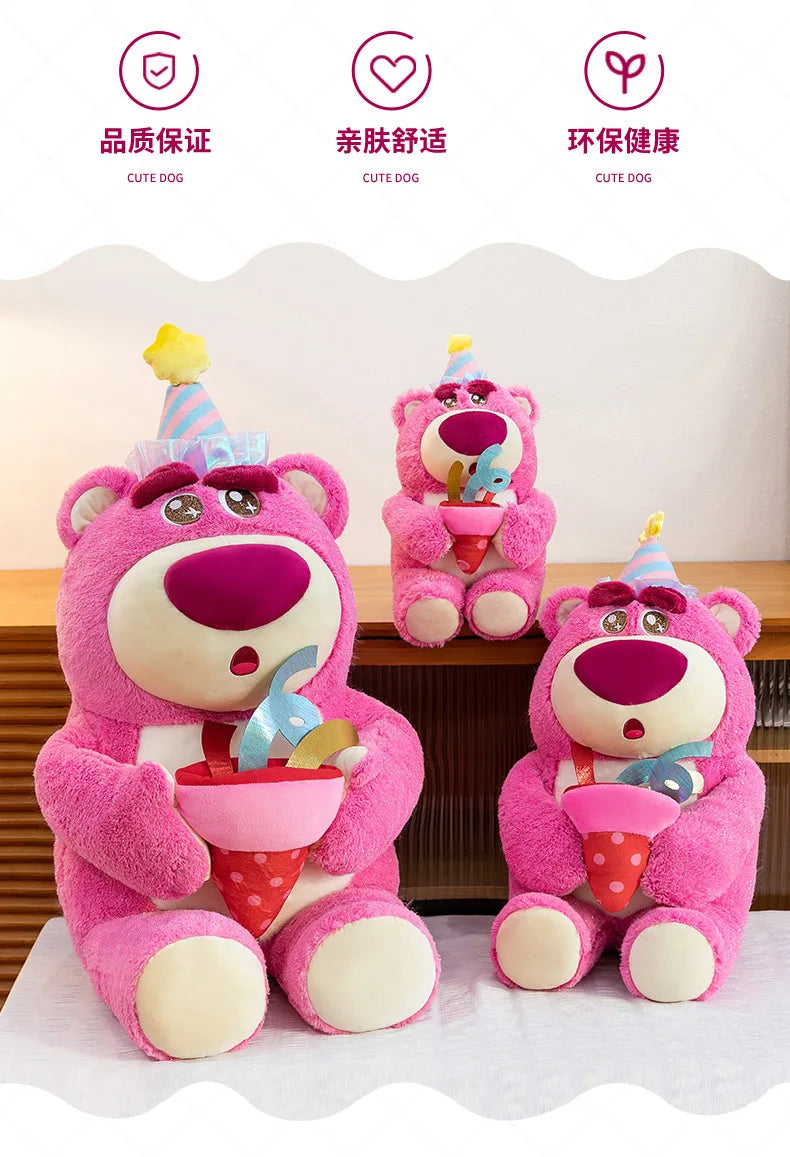 Disney Plush Strawberry Bear Doll with Birthday Hat Cute Stuffed Animal for Kids Birthday Xmas Gift Perfect Toy for Children And