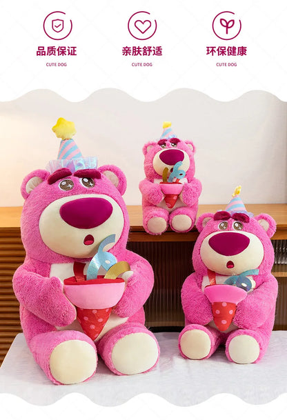 Disney Plush Strawberry Bear Doll with Birthday Hat Cute Stuffed Animal for Kids Birthday Xmas Gift Perfect Toy for Children And