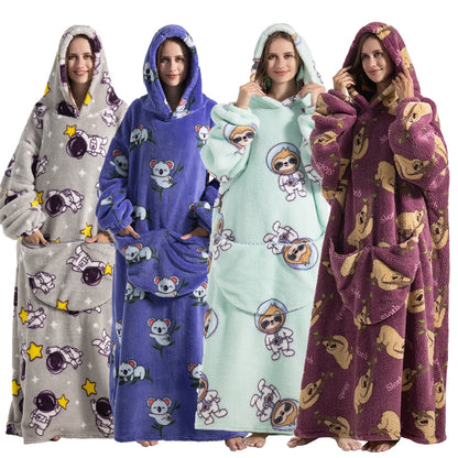 Oversized Blanket Hoodie for Adults Long Women Men Clothes Winter Thicken Fluffy Wearabled Hooded Blanket Warm Flannel Blankets