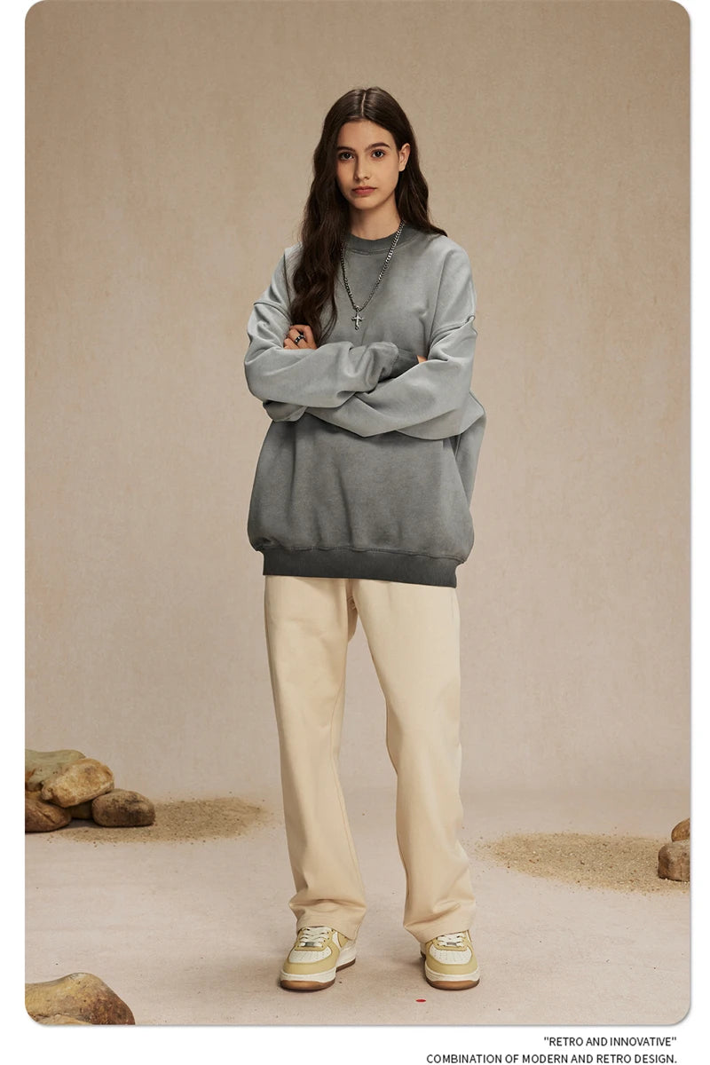 ZODF 2024 Autumn Men's Washed Sweatshirt Unisex Women Retro Solid 430gsm Terry Cotton O Neck Pullovers Coat HY0880