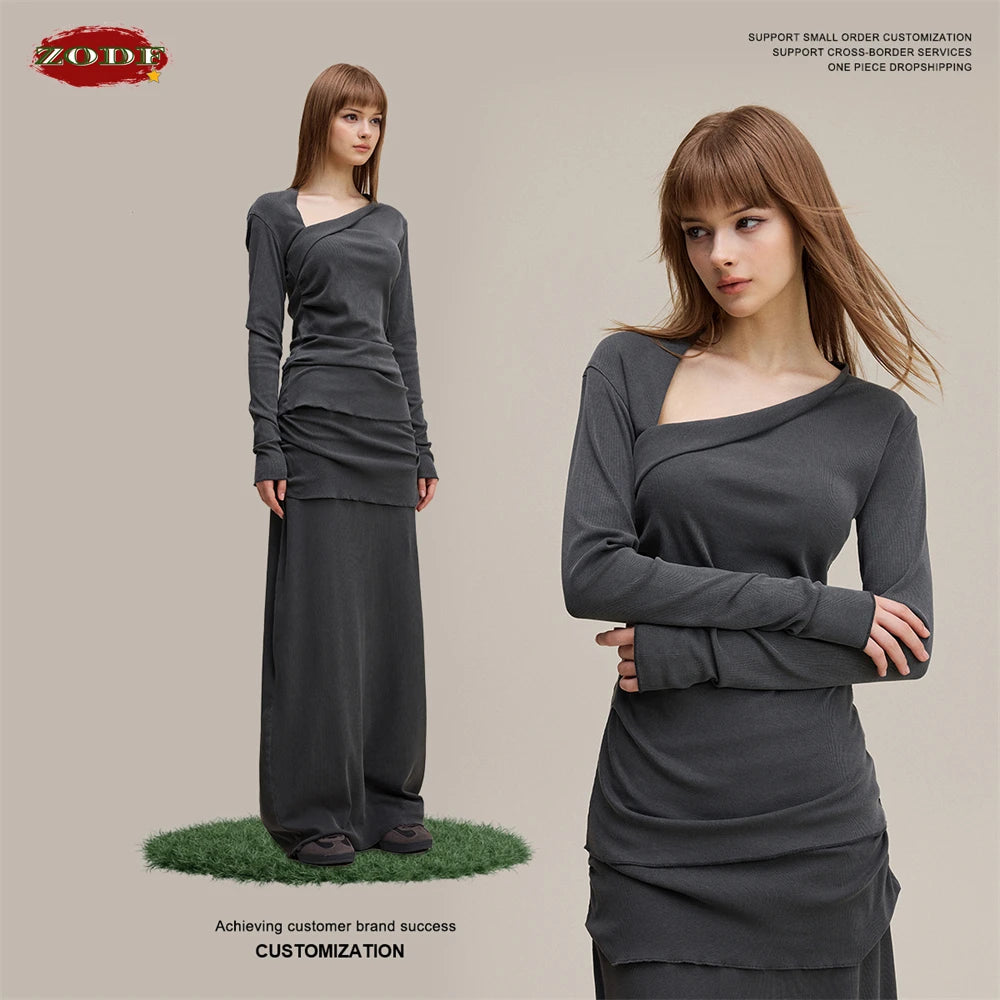 ZODF Retro Sexy Women Autumn Washed 275gsm T Shirt Ladies Girls Distressed Side Pleated Full Sleeve T-Shirts Tees HY1107