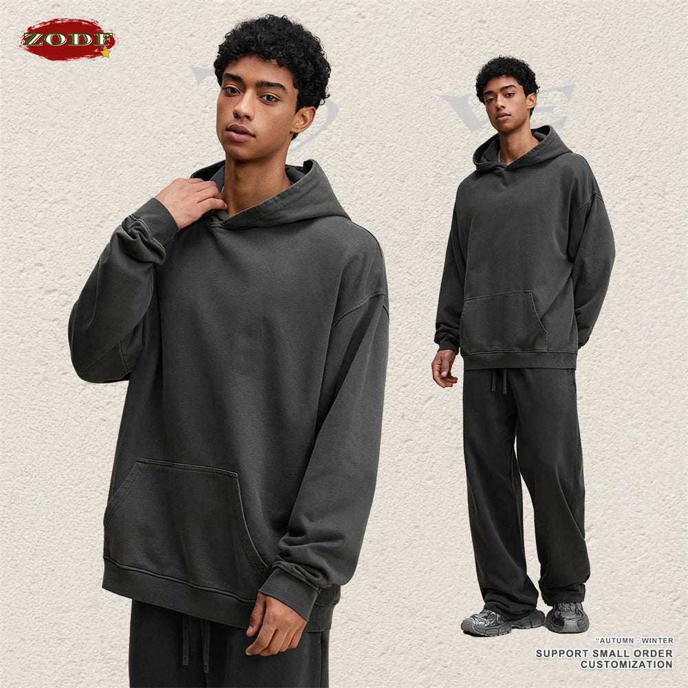 ZODF Retro Heavy Weight 480gsm Cotton Hoodies For Man Unisex Oversized Washed Distressed Hooded Pullovers Brand Coats HY1115