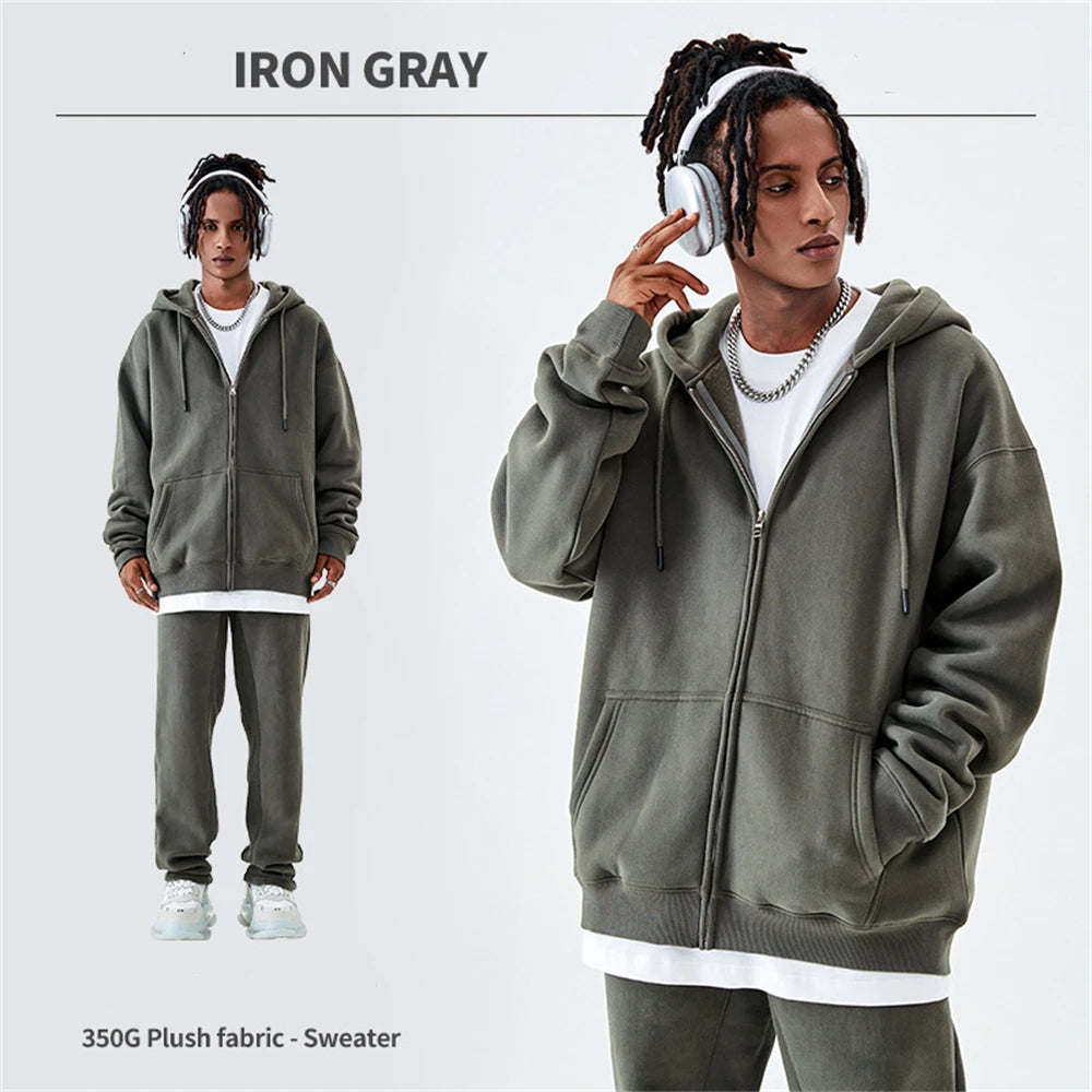 ZODF Basic Winter Men Fleece Zipper Hoodies Unisex Casual Loose 350gsm Warm Solid Hooded Sweatshirts Coats 18 Colors HY0726