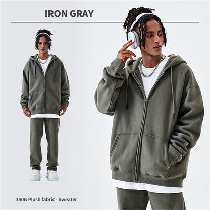 ZODF Basic Winter Men Fleece Zipper Hoodies Unisex Casual Loose 350gsm Warm Solid Hooded Sweatshirts Coats 18 Colors HY0726