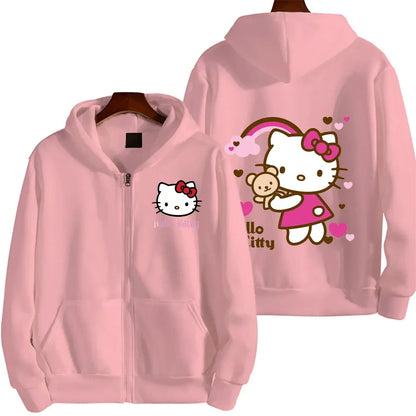 Women's Zipper Hoodie Autumn and Winter New Cute Kawaii Sanrio Hello Kitty Pattern Sweatshirt 2024 Streetwear Women's Clothing