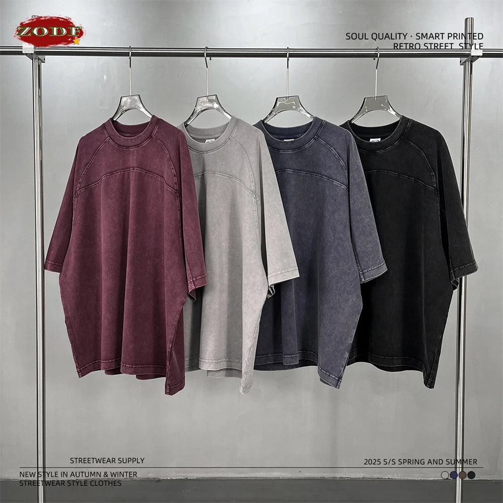 ZODF Retro 2025 Men Summer Batik Washed Cotton T-Shirts Unisex High Street Raglan Sleeve Patchwork T Shirt Brand Tees HY1062