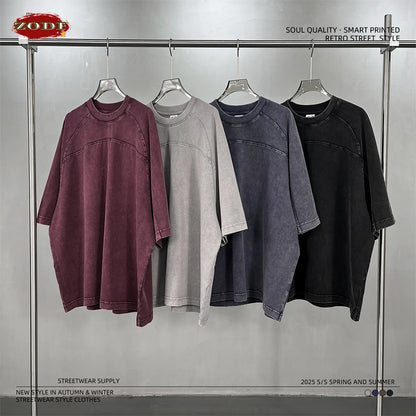 ZODF Retro 2025 Men Summer Batik Washed Cotton T-Shirts Unisex High Street Raglan Sleeve Patchwork T Shirt Brand Tees HY1062